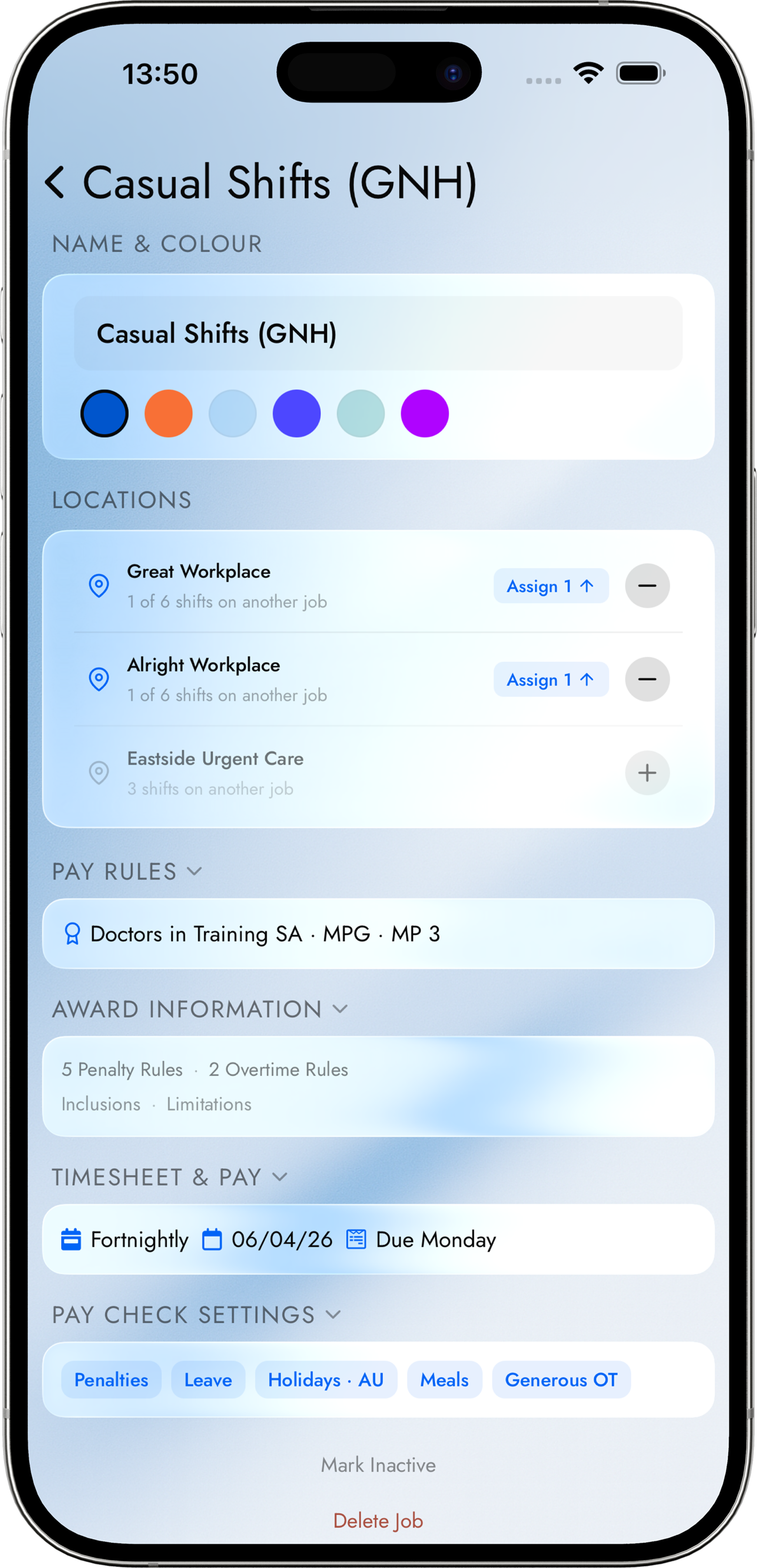 Shift It job settings screen showing per-job award configuration: SA Doctors in Training award, fortnightly pay period, penalty and overtime settings